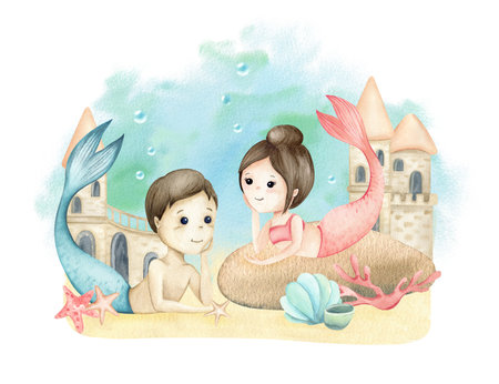 Mermaid girl on stone and boy, cute couple in love. Underwater world with castle of princess. Watercolor childrens illustration coral, seashell, starfish and bubbles. Kids poster, postcard, textileの写真素材