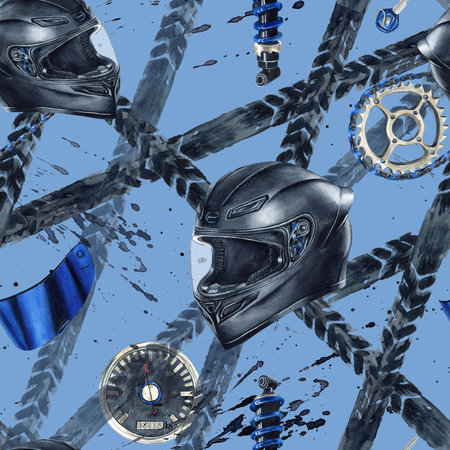 Helmet, chain, visor, speedometer, damper and tire tracks seamless pattern. Biker Moto gear, equipment. Watercolor Illustration, black splatters on grey background. For merchandise, poster, packagingの写真素材