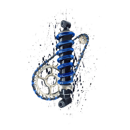 Motorbike chain, shock absorber, damper on watercolor black splatters, spray. Hand drawn Illustration isolated from background. Moto equipment for biker, motorcycle workshop and repairingの写真素材