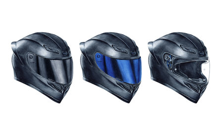 Set motorcyclist helmet with transparent visor, blue visor and grey. Safety headgear for biker. Moto gear moto accessory. Watercolor illustrations isolated from background. Motorcycle design conceptの写真素材