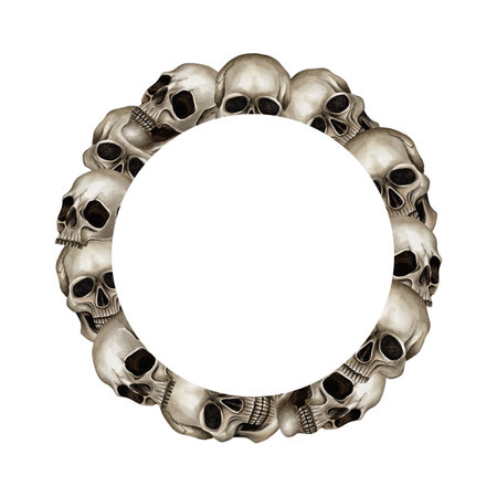Frame with skulls. Watercolor circle illustration isolated from background. Hand drawn template in Gothic style, Halloween. Perfect for invitations, postcards, greeting card, informations samplesの写真素材