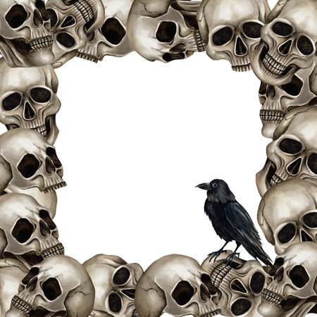 Frame skulls around the perimeter, black crow. Watercolor illustration isolated from background, template with raven in Gothic style for postcards, invitations in Halloween design, social media postの写真素材