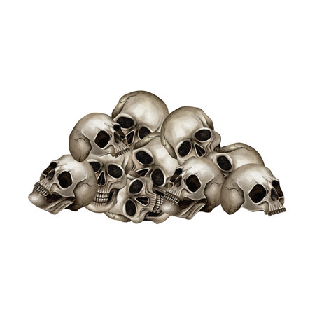 Pile of skulls. Watercolor illustration isolated from background. Hand drawn clip art in Gothic style. Bones for web design, textile, packaging, leaflets and other print product on Halloweenの写真素材
