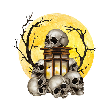 Pile of skulls, vintage lantern with spider, branches against the backdrop of the full moon. Watercolor illustration isolated from background. Composition for Gothic design, Halloween, Friday the 13の写真素材