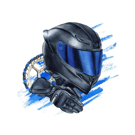 Motorcyclist helmet, blue visor, protective gloves and chain on bright watercolor spot. Illustration isolated from background. Moto gear for biker. Hand drawn painting for logo, textile, posterの写真素材