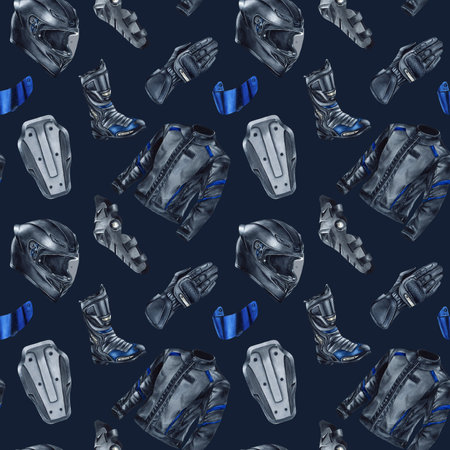 Moto gear seamless pattern. Motorcyclist equipment, attributes, clothes. Crash Helmet, protective glove and boot, kneepad, jacket, blue visor. Watercolor illustration isolated on dark backgroundの写真素材