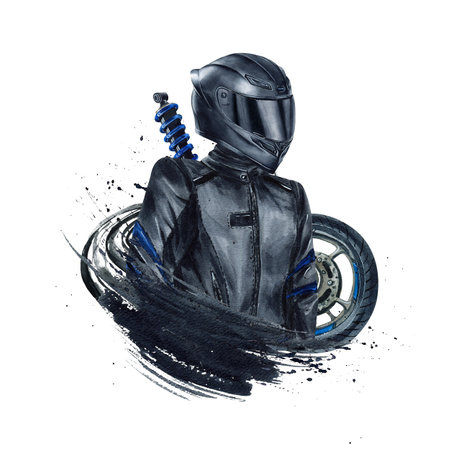 Motorcyclist in helmet. Composition biker, moto wheel, abstract road and shock absorber. Watercolor spot illustration isolated from background. Moto equipment for men posters, Motorcycle Day designの写真素材