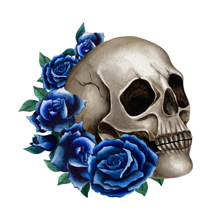 Skull with dark blue roses. Watercolor illustration in Gothic style for Halloween and Day of the Dead isolated from background. Flowers with head for packaging, pattern design, textile, print productの写真素材