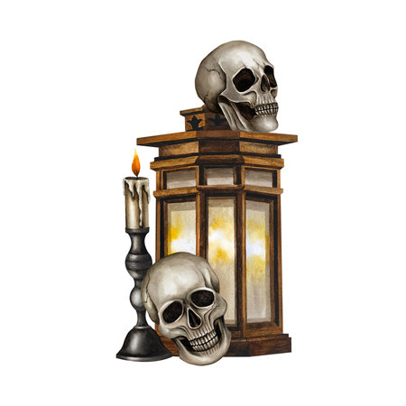 Skulls, vintage lantern and candelabrum with candle. Watercolor illustration isolated from background for Gothic design, Halloween, Friday the 13 posts, Day of the Dead holidays. Hand drawn clip artの写真素材