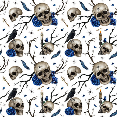 Black raven on skull, blue roses, candelabrum with candle, spider and dry branches Halloween seamless pattern. Watercolor illustration isolated from background. Gothic style for textile, packagingの写真素材