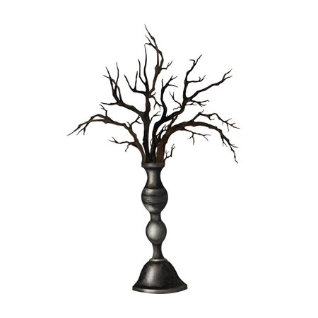 Candelabrum with dry branches inside. Gothic Silver vintage Candleholder with twigs Watercolor illustration isolated from background. For Esoteric designs, hand drawn clip art for print product.の写真素材