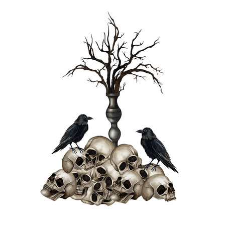 Heap skulls, black crows, vintage Candelabrum with dry branches. Gothic Silver Candleholder with twigs, ravens. Watercolor illustration isolated from background. For Halloween design, print productの写真素材