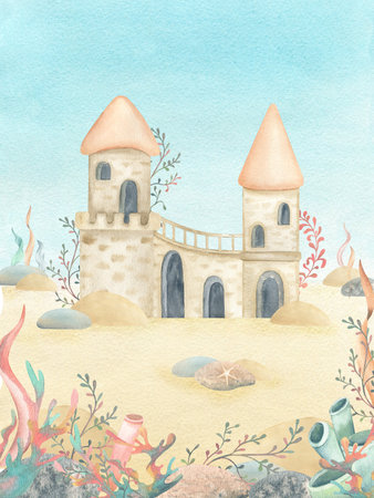 Underwater castle surrounded by seaweed. Stone fortress with algae, seashell, at bottom of sea. Watercolor childrens illustration isolated on underwater world view. Kids poster, postcard, textileの写真素材