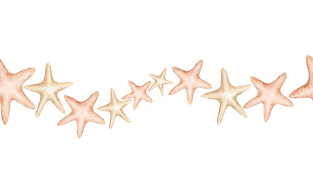 Stars seamless border watercolor illustration isolated from background. Pastel colors cute garland horizontal repeat decoration in cartoon style. Kids decor for textile, wallpaper, packagingの写真素材