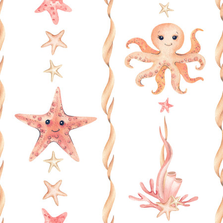 Starfish, octopus cute characters, stars, algae composition seamless pattern. Watercolor childrens illustration isolated from background. Seaweed, coral kids design, sea theme wallpaper, packagingの写真素材