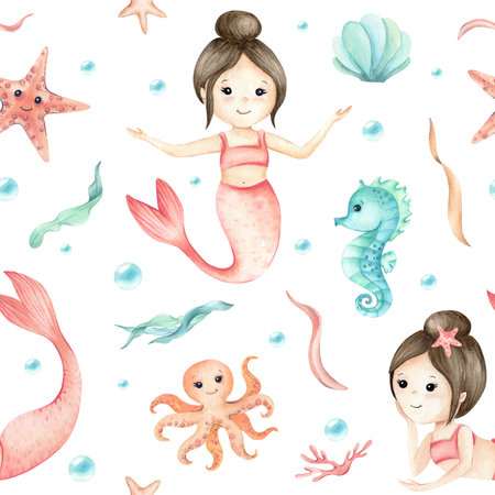 Mermaids, sea creatures children illustration seamless pattern. Watercolor seahorse, starfish, octopus characters with sea plants, bubbles isolated from background. Kids design textile, packagingの写真素材