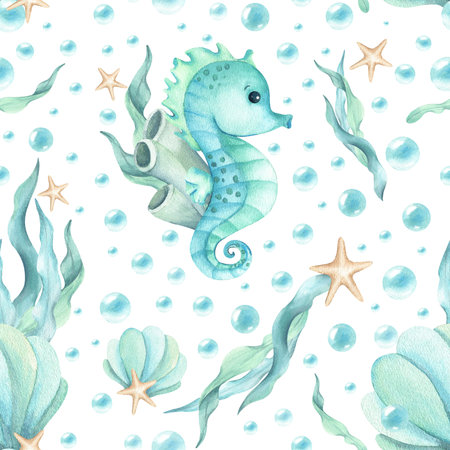Seahorse character with algae, seashell, stars and bubbles seamless pattern. Watercolor childrens illustration turquoise shades isolated from background. Kids design stationary, textile, packagingの写真素材