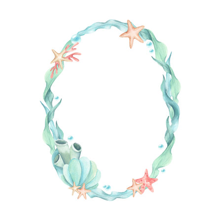 Frame algae, seaweed, starfish, seashell, sea sponges, underwater bubbles. Watercolor illustration mint turquoise coral colors isolated from background. Oval wreath, template in sea theme kids designの写真素材