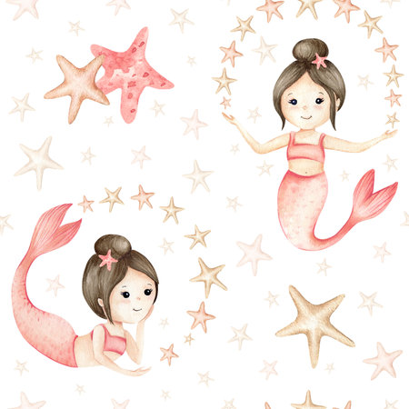Cute mermaid little girls, stars seamless pattern. Watercolor Childrens illustration pastel colors, starfishes isolated from background. Kids design for textile, stationary, packaging, wallpaperの写真素材