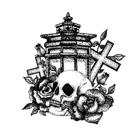 Skull, roses with leaves, crosses, vintage lantern. Black white graphic illustration in Gothic style for Halloween, Day of the Dead. Vector for postcard, textile, packaging. Esoteric conceptのイラスト素材