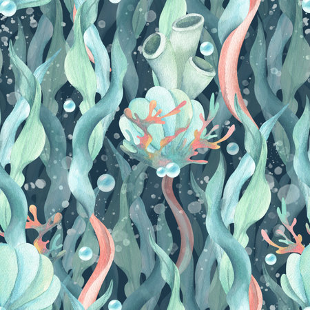 Underwater plants, seashell, sea sponge, algae, seaweed, coral seamless pattern. Watercolor illustration isolated on dark background. Marine theme for packaging, wrapping paper, stationery, textileの写真素材