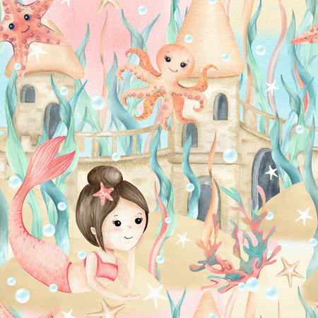 Mermaid little girl, underwater castle, seaweeds, starfish, octopus, corals seamless pattern. Isolated watercolor childrens illustration, algae. Cute kids design for textile, stationary, packagingの写真素材