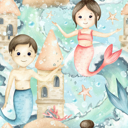 Mermaids girl and boy with waves and bubbles, underwater castle, corals, stars seamless pattern. Watercolor childrens illustration isolated on seascape. Cute kids design for textile, packagingの写真素材