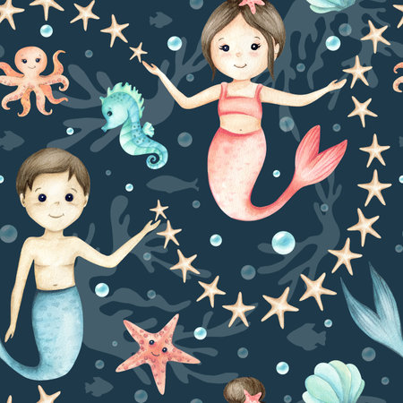 Mermaids girl, boy, seahorse, starfish, octopus characters seamless pattern with stars and bubbles. Watercolor Childrens illustration isolated on night underwater world, silhouette. Cute kids designの写真素材