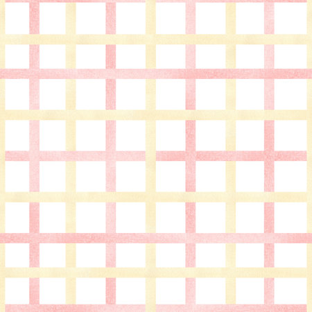 Seamless abstract pattern with two colored lines isolated from background. Vertical and horizontal pink yellow intersecting lines strips ornament. For scrapbooking, packaging, stationary, textileの写真素材