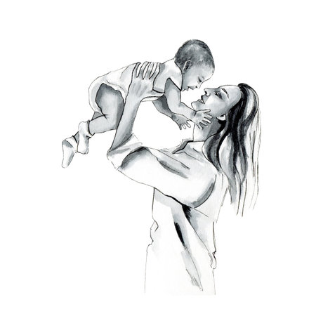 Mother lifted child above her head. Happy mom holds smiling baby. Watercolor illustration, sketch style isolated from background. Motherhood concept to Mothers Day. For print on childrens productsの写真素材