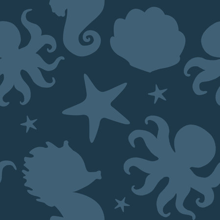 Sea animals shadows seamless pattern. Seahorse, starfish, octopus, seashell silhouette. Childrens illustration isolated on dark blue background. Characters art for decoration, textile, packagingの写真素材