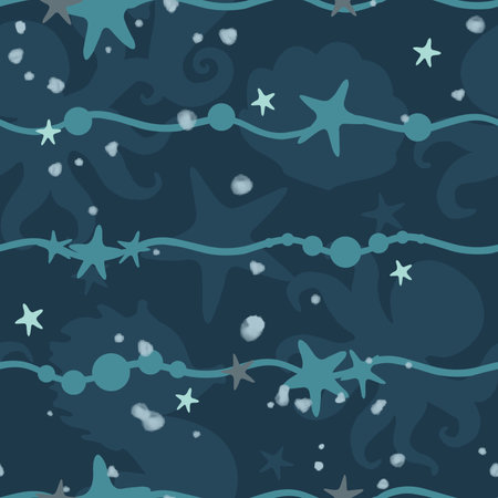 Sea style seamless pattern, stars, waves lines, aquatic animals shadows. Clip art illustration isolated dark blue background. For Kids interior, bathroom design, textile, packaging, wrapping paperの写真素材