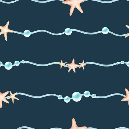 Stars, waves lines seamless pattern, bubbles. Watercolor illustration isolated dark blue background. Repeat decoration. Kids interior, bathroom design, textile, packaging, wrapping paper, scrapbookの写真素材