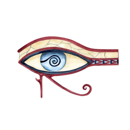Egyptian eye of Horus isolated symbol. Ancient ornament wadjet. Watercolor yellow blue red illustration. Culture concept religion icon for textile, decorative items, stationery, souvenir productsの写真素材