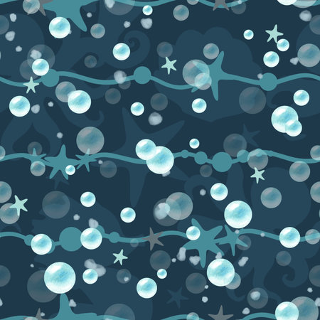 Sea style seamless pattern, blue bubbles, abstract waves, aquatic animals shadows. Clip art illustration isolated on dark background. For bathroom design, textile, packaging, wrapping paper, decorの写真素材