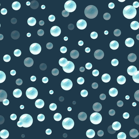 Bubbles watercolor or soapy circles seamless pattern on dark blue background. Abstract ornate. Isolated illustration for wrapping paper, scrapbooking, packaging, textile in sea theme, bathroom designの写真素材