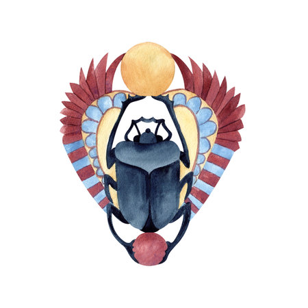 Scarab beetle with wings Egyptian symbol, religion icon. Ancient ornament. Watercolor illustration isolated on white. Culture concept for textile, decorative items, souvenir products, patterns designの写真素材