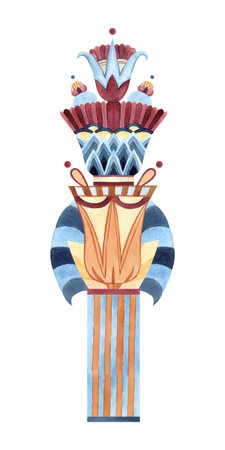 Egyptian ancient column vase with abstract lotus, ethnic symbols, geometric patterns, ornate. Watercolor illustration isolated on white. Ornament for souvenir product, postcard, interior designの写真素材