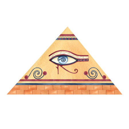 Egyptian pyramid eye of Horus. Ancient ornament wadjet with geometric patterns, sand brick slabs. Watercolor isolated illustration. African culture concept design, religion icon for souvenir productsの写真素材