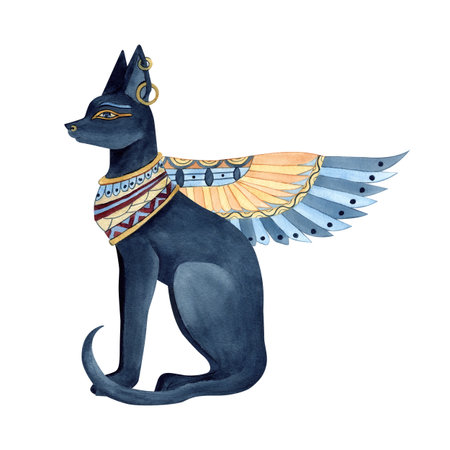 Bastet with wings Egyptian goddess, religion icon. Ancient symbol. Black cat with Jewelry. Watercolor isolated illustration. Culture concept for textile, souvenir products, patterns design, postcardsの写真素材