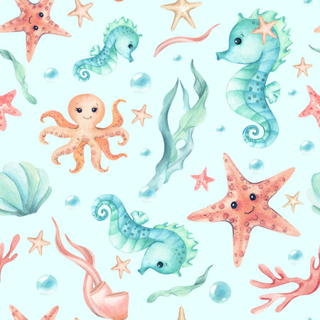 Seahorse, starfish, octopus cute childrens illustration seamless pattern. Watercolor characters, seaweed underwater world isolated on soft blue mint background. Kids design for textile, packagingの写真素材