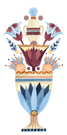 Egyptian bowl ancient symbols. Lotus ornament, geometric Ethnic patterns with vessel. Watercolor illustration isolated on white. Ancient civilizations culture concept. Vertical hand drawn borderの写真素材