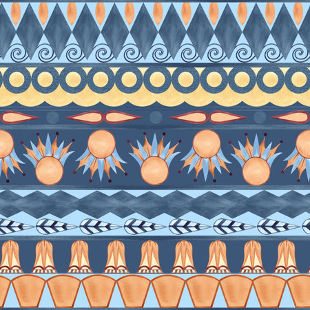 Ethnic ornament seamless pattern, folklore geometric shapes. Abstract sacred lotus. Colorful watercolor illustration isolated on blue background. For Indigenous people day, textile, packaging, decorの写真素材