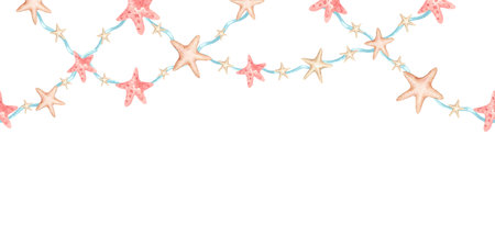 Hanging stars garland seamless border. Watercolor childrens illustration isolated from background. Pastel colors repeat decoration. Kids interior design, decor textile, wallpaper sticker, packagingの写真素材