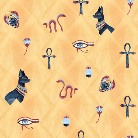 Egyptian seamless pattern with Bastet, snake, Ankh, Scarab beetle, lotus and eye of Horus. Watercolor illustration isolated on abstract pyramids background for souvenir products, textile, decorationの写真素材