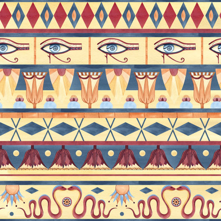 Ancient egyptian seamless pattern. Religion icon, symbols ornament. Abstract lotus, snake, eye of Horus. Watercolor illustration isolated on blue yellow background. For textile, packaging, souvenirsの写真素材