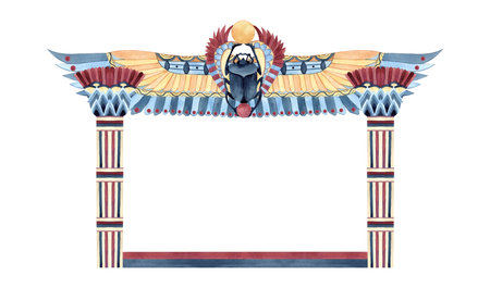 Frame Egyptian column with lotus, Scarab beetle wings, vase. Ancient ornament Egypt style. Watercolor isolated illustration. Culture concept for postcards, packaging, store design, souvenir productsの写真素材