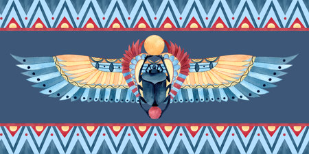 Scarab beetle with wings banner. Egyptian ancient ornament. Geometric patterns, watercolor illustration isolated on blue background. Religion icon for souvenirs, postcardsの写真素材