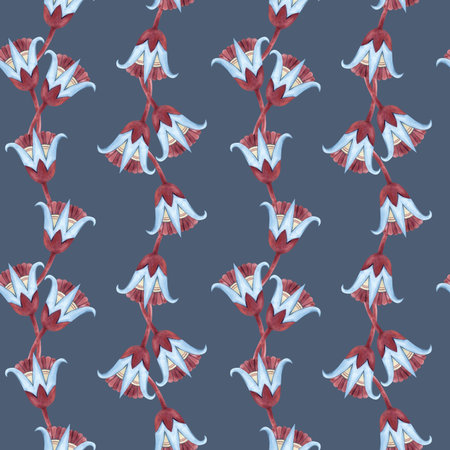 Sacred lotus seamless pattern. Egyptian Folklore vertical composition. Abstract flowers, ancient ethnic ornament. Watercolor illustration isolated on blue background. For textile, packaging, fabricの写真素材