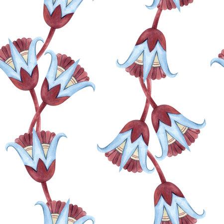Sacred lotus seamless pattern Egyptian vertical composition. Abstract flowers, Ancient ethnic symbols, ornament. Watercolor illustration isolated from background. For textile, packaging, fabricの写真素材